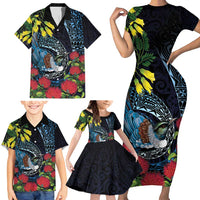 New Zealand Tui Bird Family Matching Short Sleeve Bodycon Dress and Hawaiian Shirt Maori Koru Mix Pohutukawa
