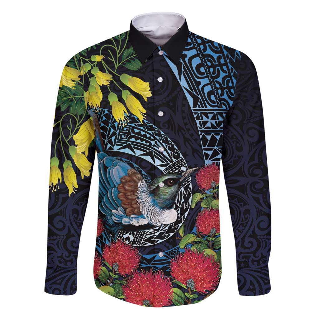 New Zealand Tui Bird Family Matching Short Sleeve Bodycon Dress and Hawaiian Shirt Maori Koru Mix Pohutukawa