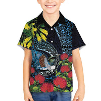 New Zealand Tui Bird Family Matching Short Sleeve Bodycon Dress and Hawaiian Shirt Maori Koru Mix Pohutukawa