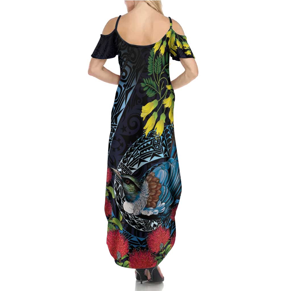 New Zealand Tui Bird Family Matching Summer Maxi Dress and Hawaiian Shirt Maori Koru Mix Pohutukawa