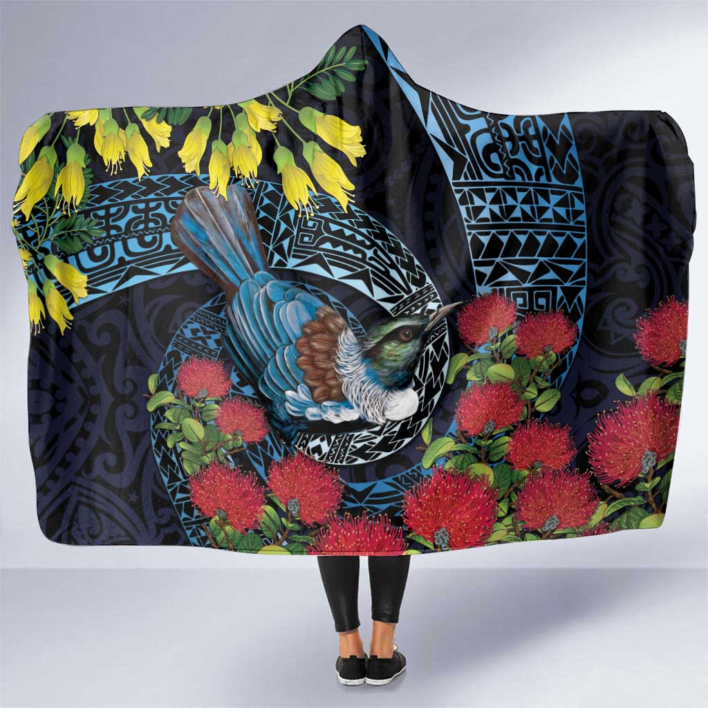 New Zealand Tui Bird Hooded Blanket Maori Koru Mix Pohutukawa