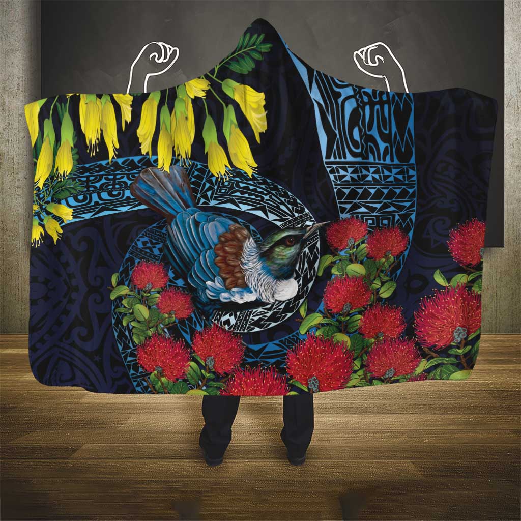 New Zealand Tui Bird Hooded Blanket Maori Koru Mix Pohutukawa