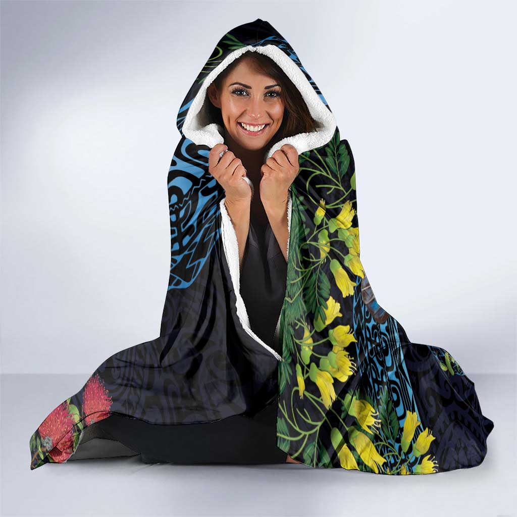 New Zealand Tui Bird Hooded Blanket Maori Koru Mix Pohutukawa
