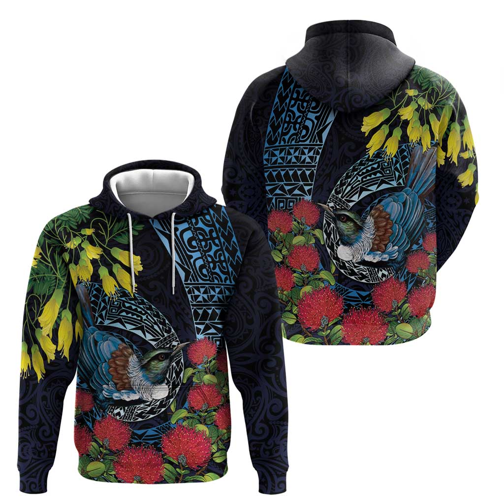 New Zealand Tui Bird Hoodie Maori Koru Mix Pohutukawa