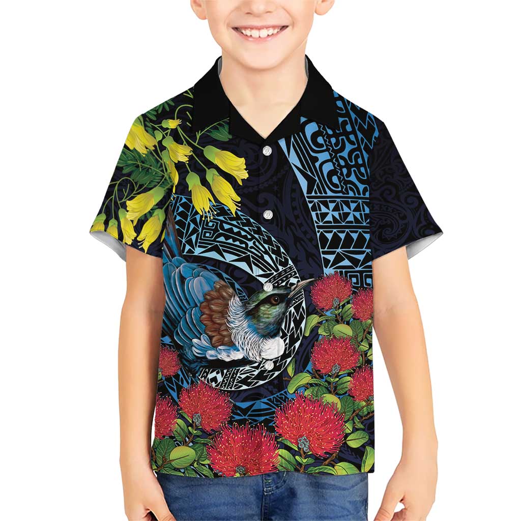 New Zealand Tui Bird Kid Hawaiian Shirt Maori Koru Mix Pohutukawa