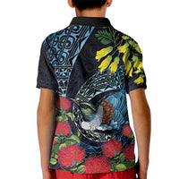 New Zealand Tui Bird Kid Polo Shirt Maori Koru Mix Pohutukawa
