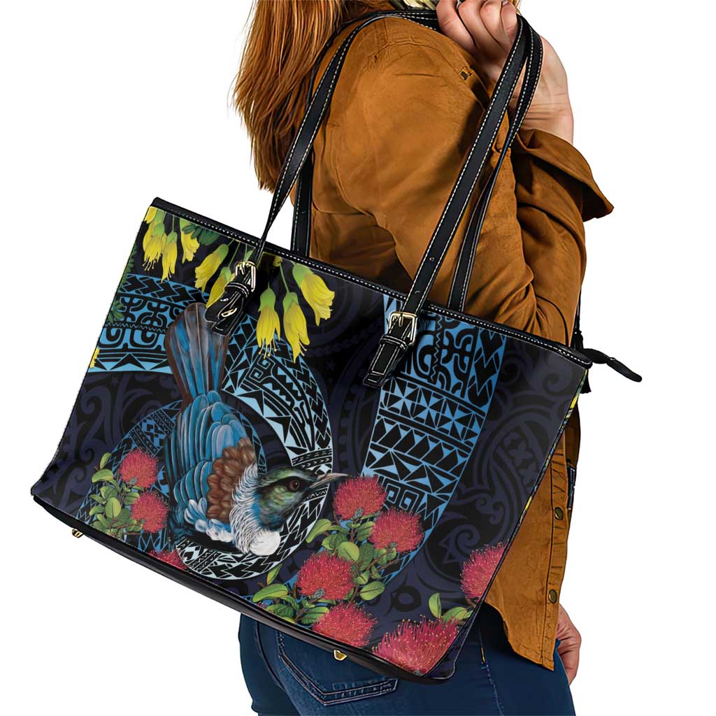 New Zealand Tui Bird Leather Tote Bag Maori Koru Mix Pohutukawa