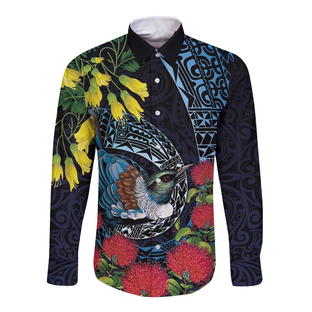 New Zealand Tui Bird Long Sleeve Button Shirt Maori Koru Mix Pohutukawa