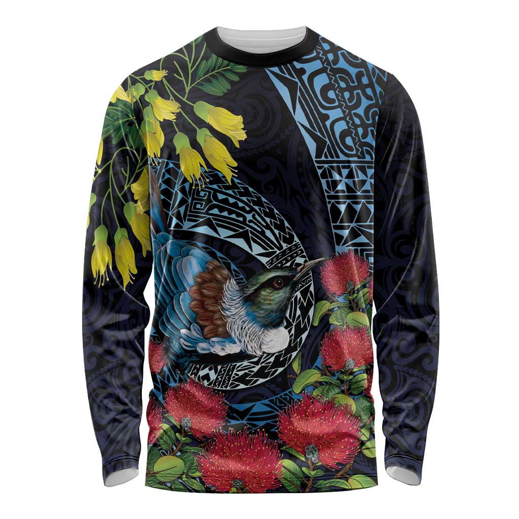 New Zealand Tui Bird Long Sleeve Shirt Maori Koru Mix Pohutukawa