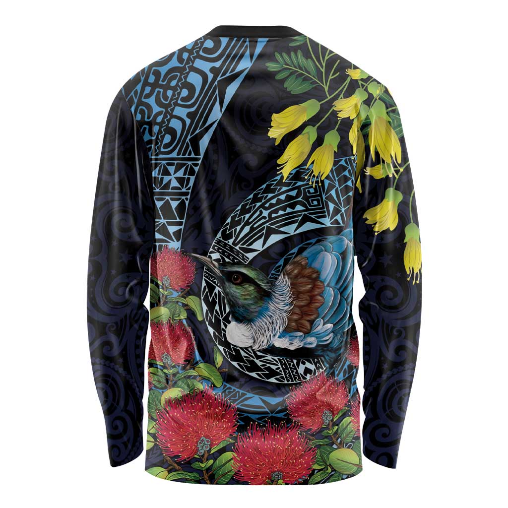 New Zealand Tui Bird Long Sleeve Shirt Maori Koru Mix Pohutukawa