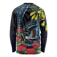 New Zealand Tui Bird Long Sleeve Shirt Maori Koru Mix Pohutukawa