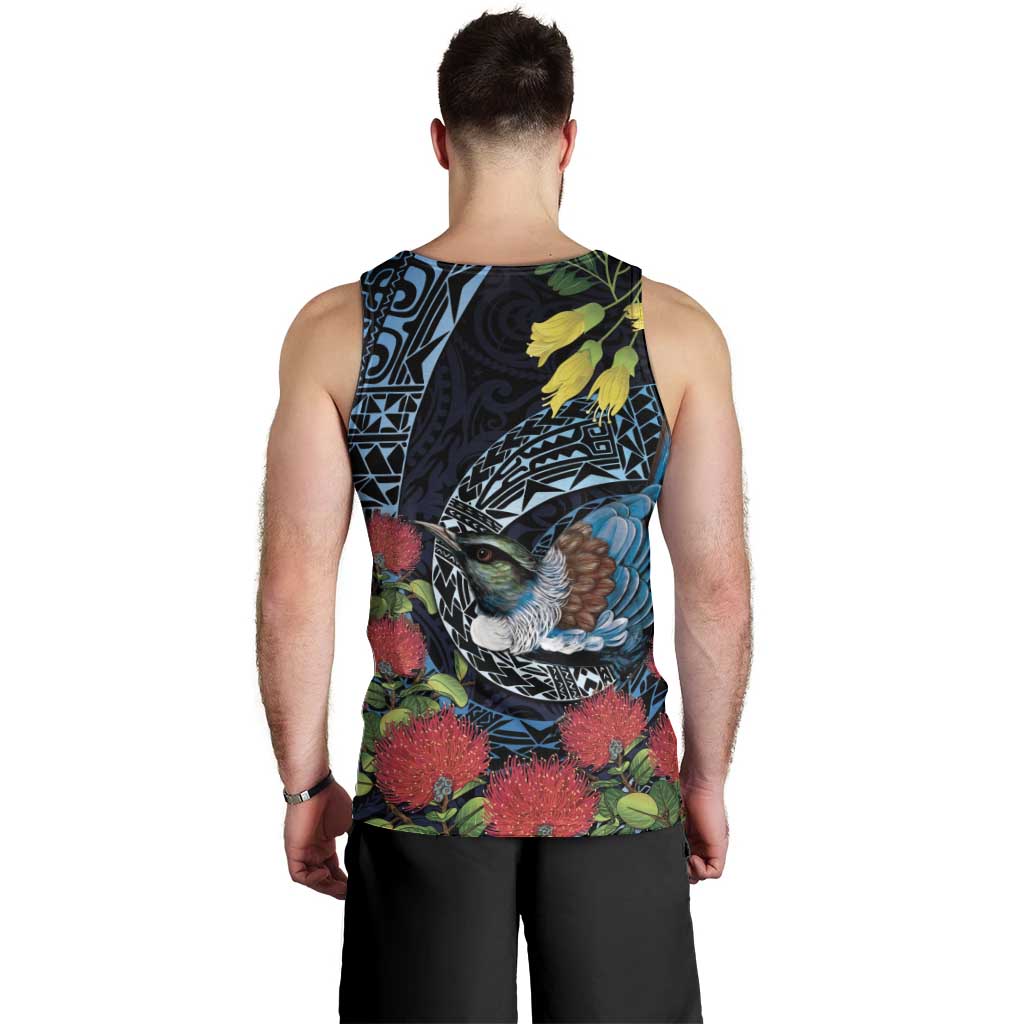 New Zealand Tui Bird Men Tank Top Maori Koru Mix Pohutukawa