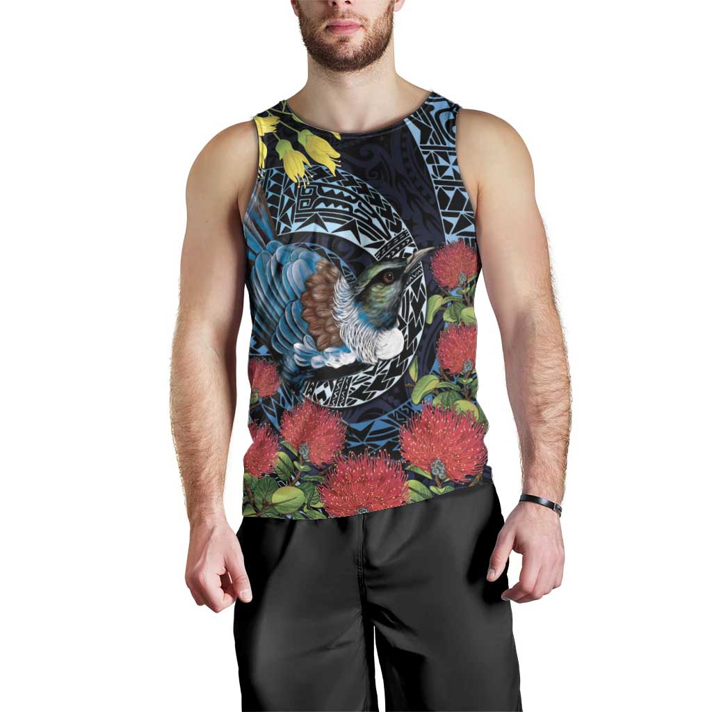 New Zealand Tui Bird Men Tank Top Maori Koru Mix Pohutukawa