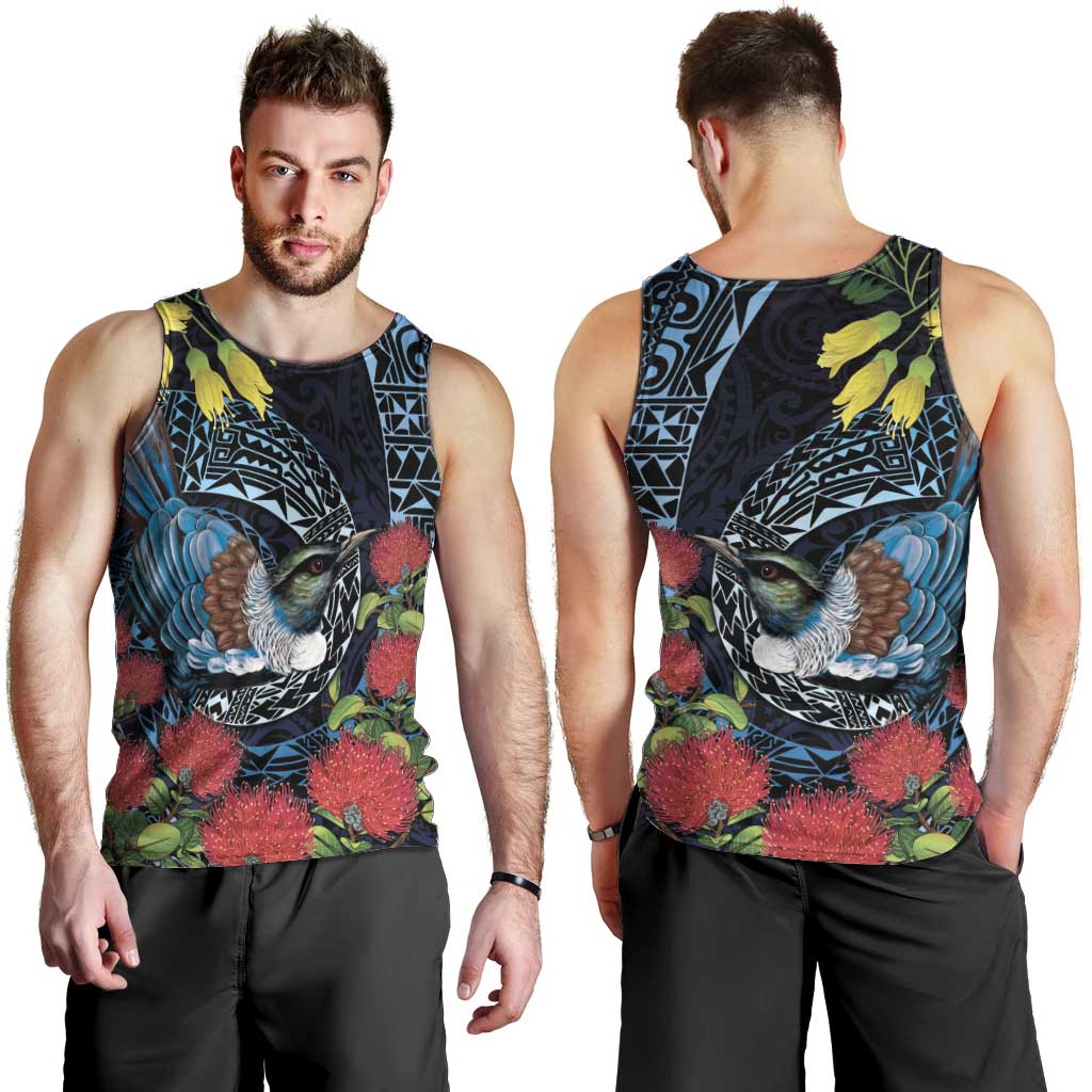 New Zealand Tui Bird Men Tank Top Maori Koru Mix Pohutukawa