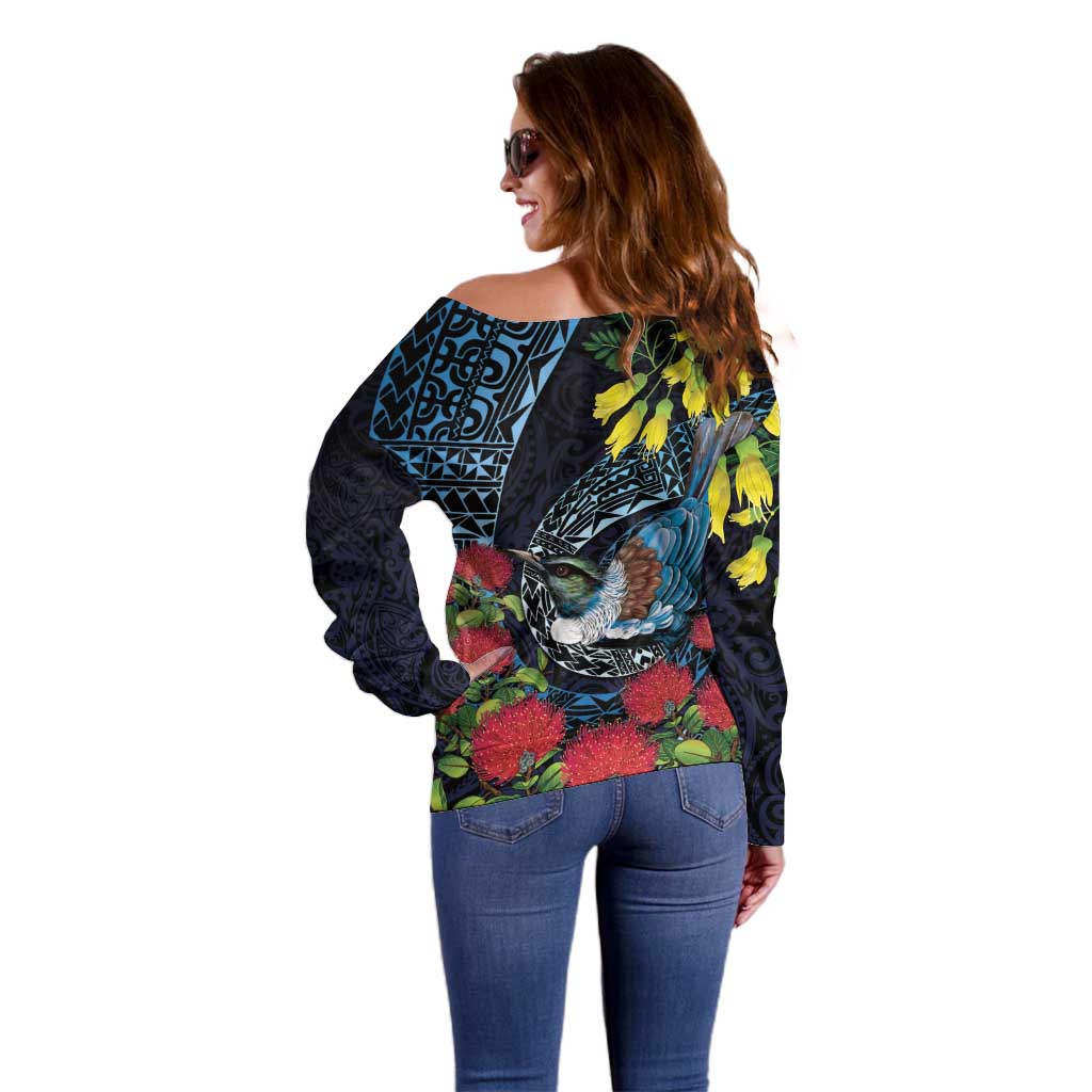 New Zealand Tui Bird Off Shoulder Sweater Maori Koru Mix Pohutukawa
