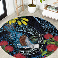 New Zealand Tui Bird Round Carpet Maori Koru Mix Pohutukawa
