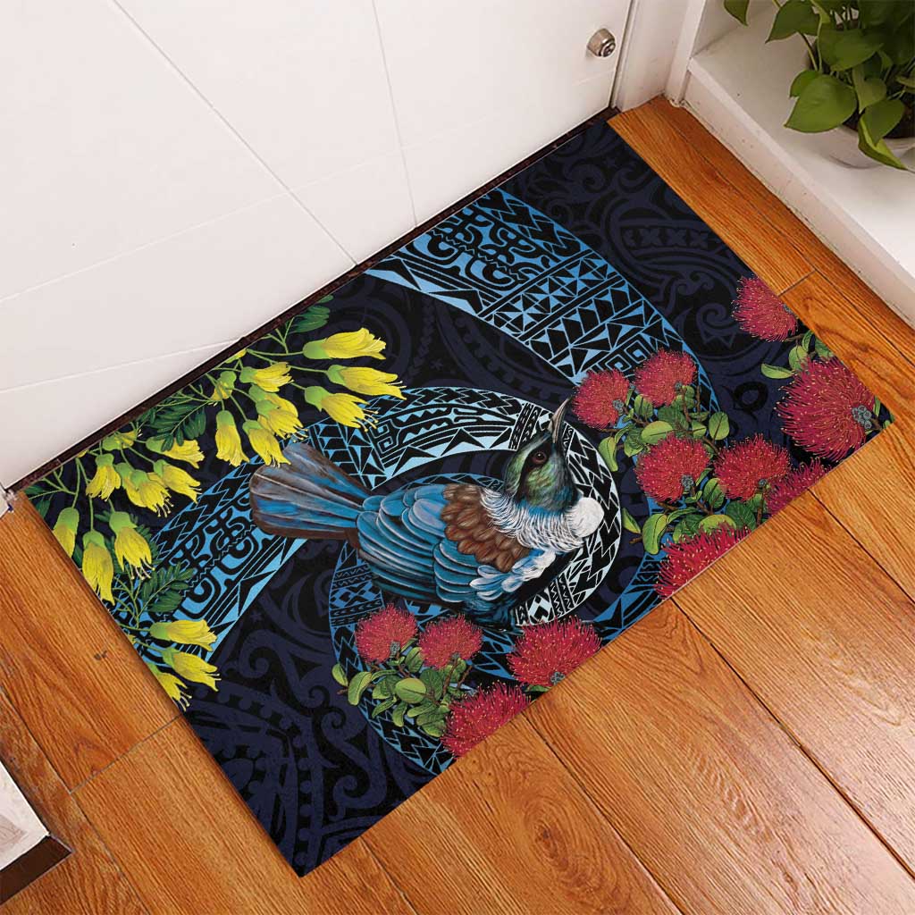 New Zealand Tui Bird Rubber Doormat Maori Koru Mix Pohutukawa