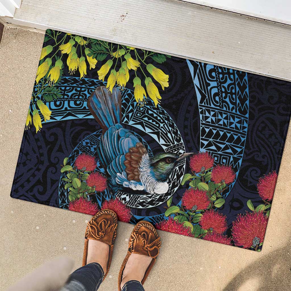 New Zealand Tui Bird Rubber Doormat Maori Koru Mix Pohutukawa