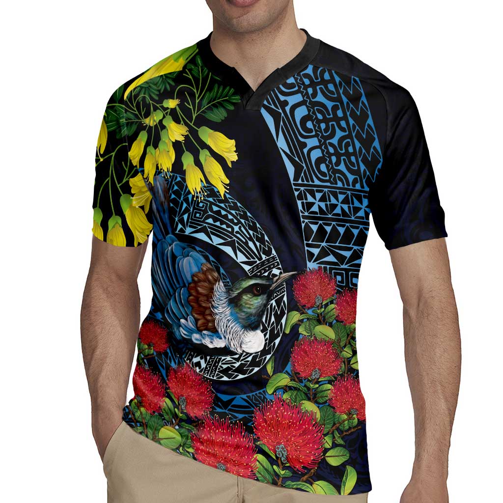 New Zealand Tui Bird Rugby Jersey Maori Koru Mix Pohutukawa DT04 - Polynesian Pride