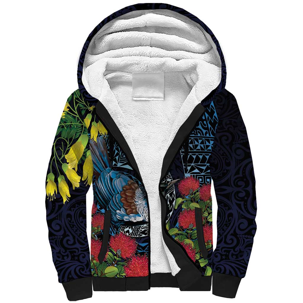 New Zealand Tui Bird Sherpa Hoodie Maori Koru Mix Pohutukawa