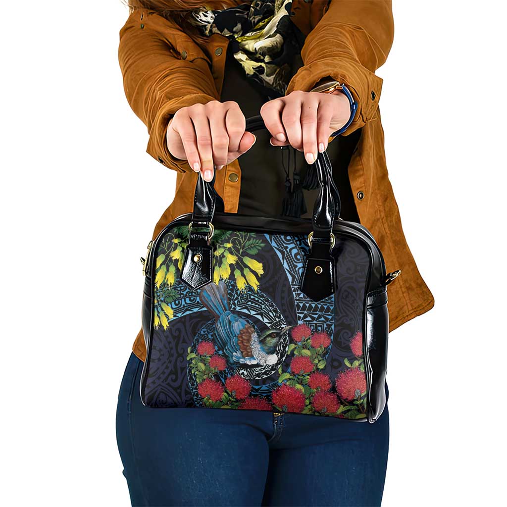 New Zealand Tui Bird Shoulder Handbag Maori Koru Mix Pohutukawa