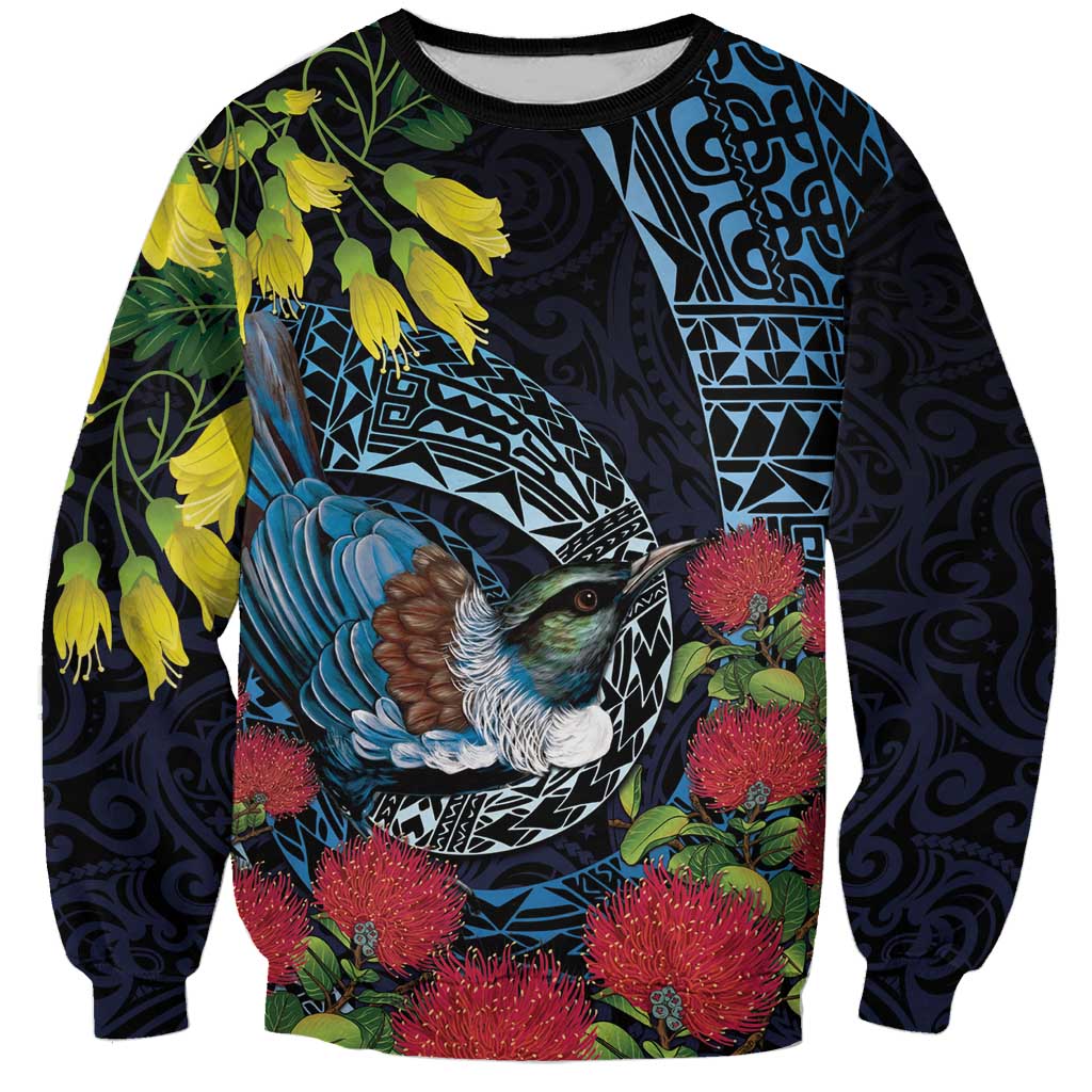 New Zealand Tui Bird Sweatshirt Maori Koru Mix Pohutukawa