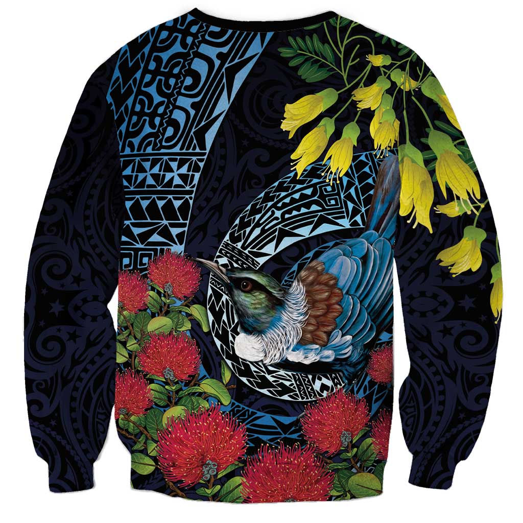 New Zealand Tui Bird Sweatshirt Maori Koru Mix Pohutukawa