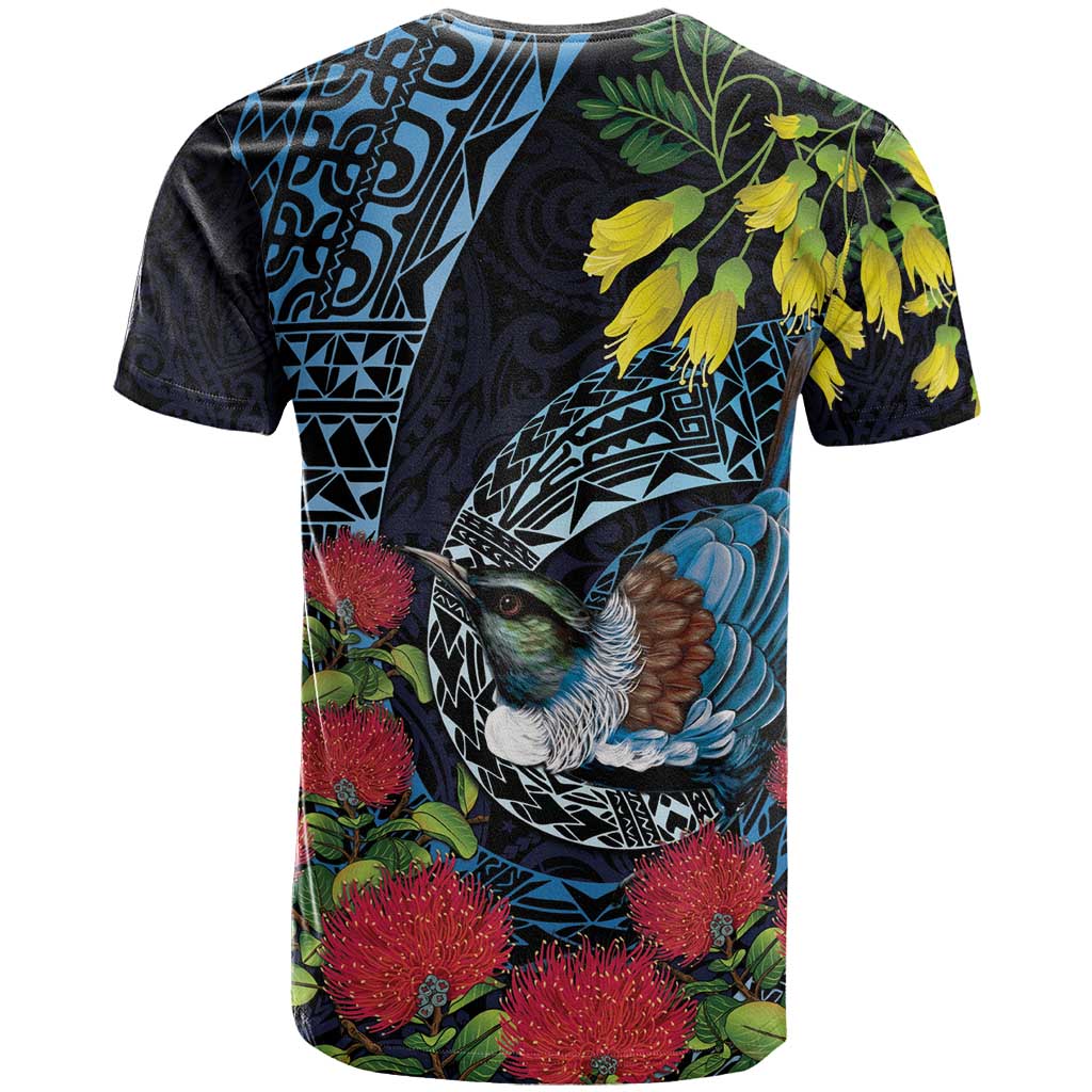 New Zealand Tui Bird T Shirt Maori Koru Mix Pohutukawa