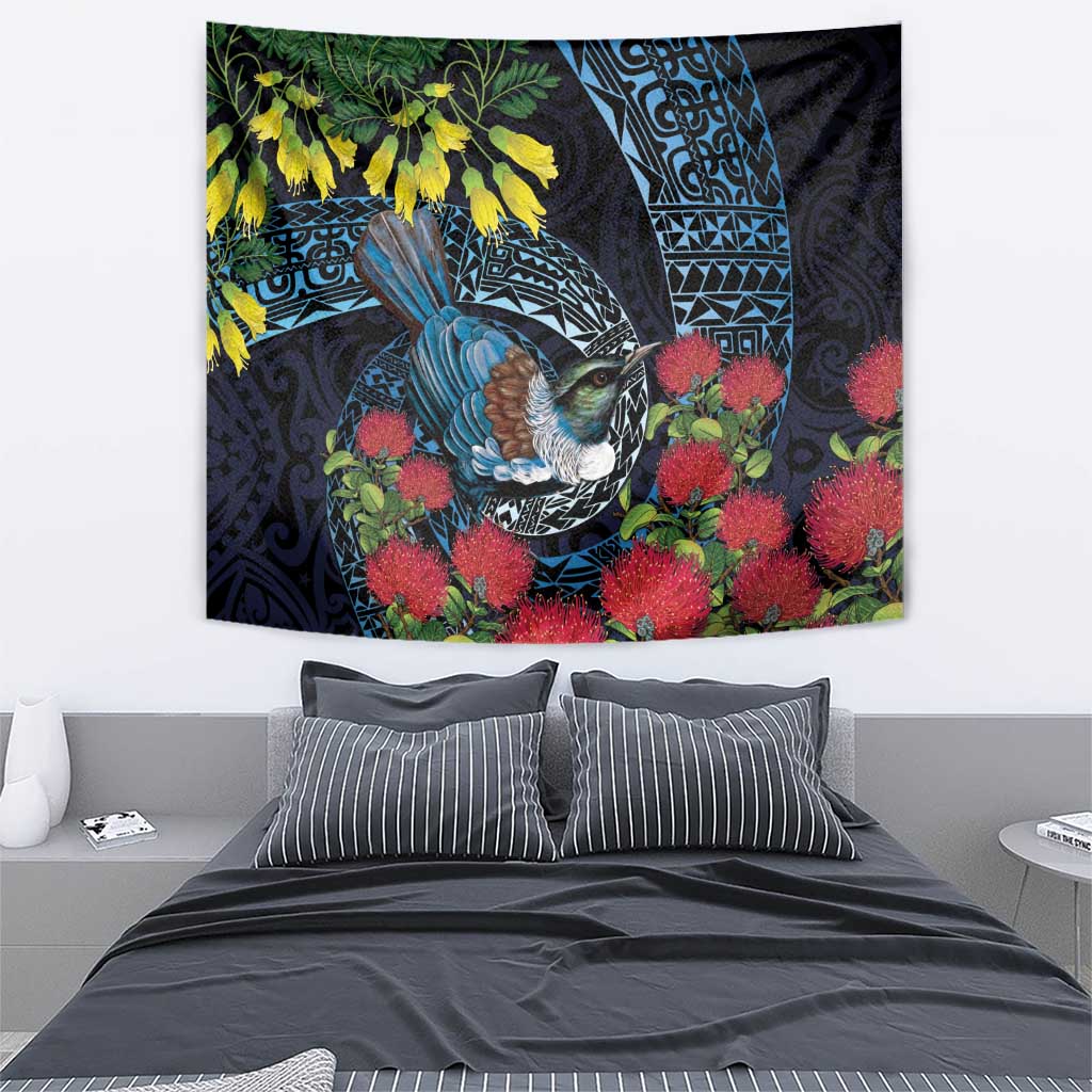 New Zealand Tui Bird Tapestry Maori Koru Mix Pohutukawa