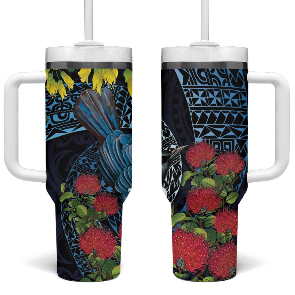 New Zealand Tui Bird Tumbler With Handle Maori Koru Mix Pohutukawa