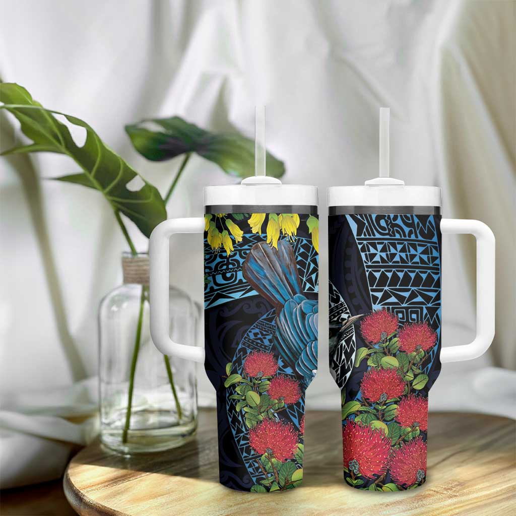 New Zealand Tui Bird Tumbler With Handle Maori Koru Mix Pohutukawa DT04 - Polynesian Pride
