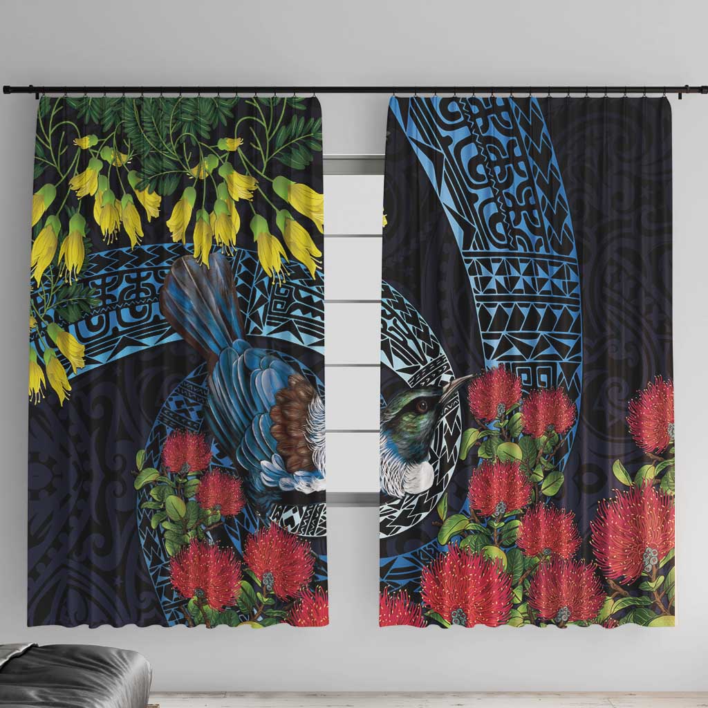 New Zealand Tui Bird Window Curtain Maori Koru Mix Pohutukawa