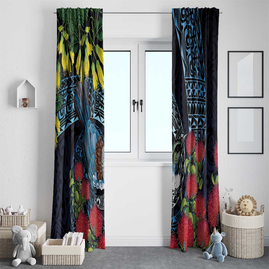 New Zealand Tui Bird Window Curtain Maori Koru Mix Pohutukawa