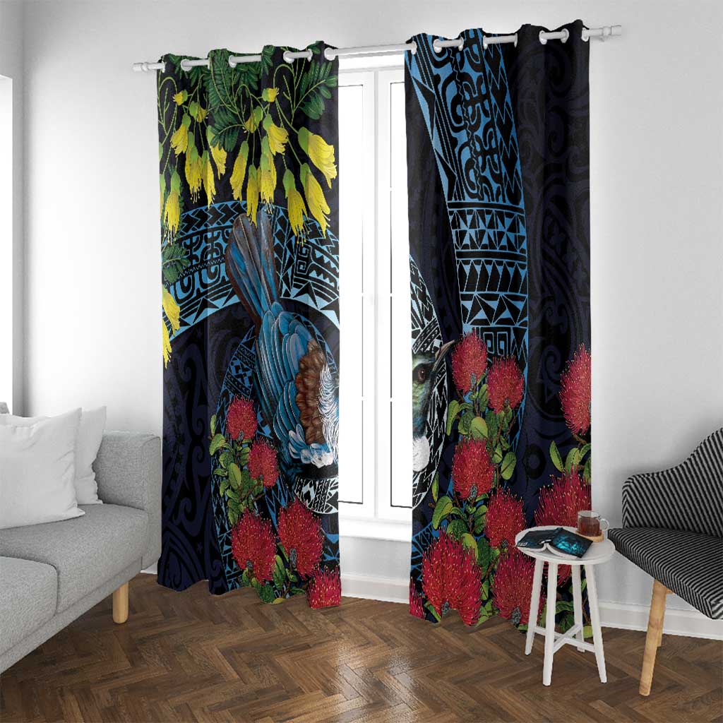 New Zealand Tui Bird Window Curtain Maori Koru Mix Pohutukawa
