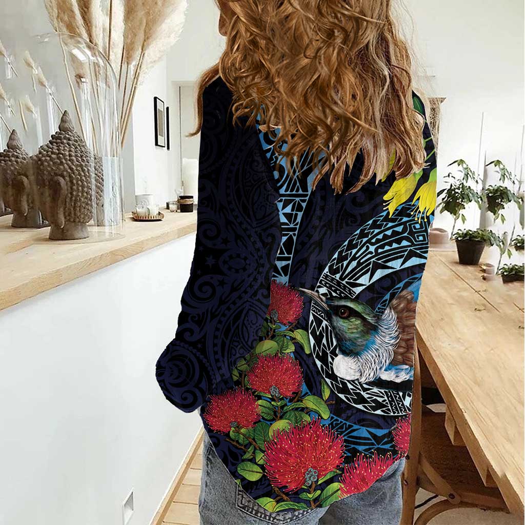 New Zealand Tui Bird Women Casual Shirt Maori Koru Mix Pohutukawa DT04 - Polynesian Pride