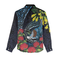 New Zealand Tui Bird Women Casual Shirt Maori Koru Mix Pohutukawa DT04 - Polynesian Pride