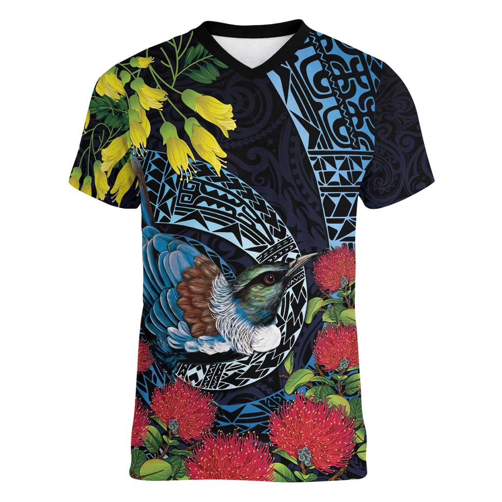 New Zealand Tui Bird Women V-Neck T-Shirt Maori Koru Mix Pohutukawa