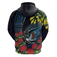 New Zealand Tui Bird Zip Hoodie Maori Koru Mix Pohutukawa