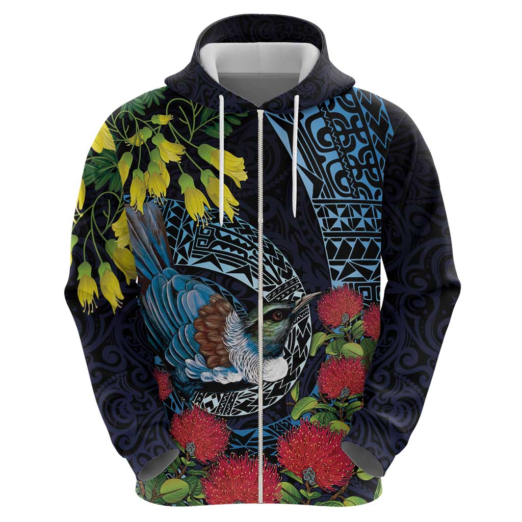 New Zealand Tui Bird Zip Hoodie Maori Koru Mix Pohutukawa
