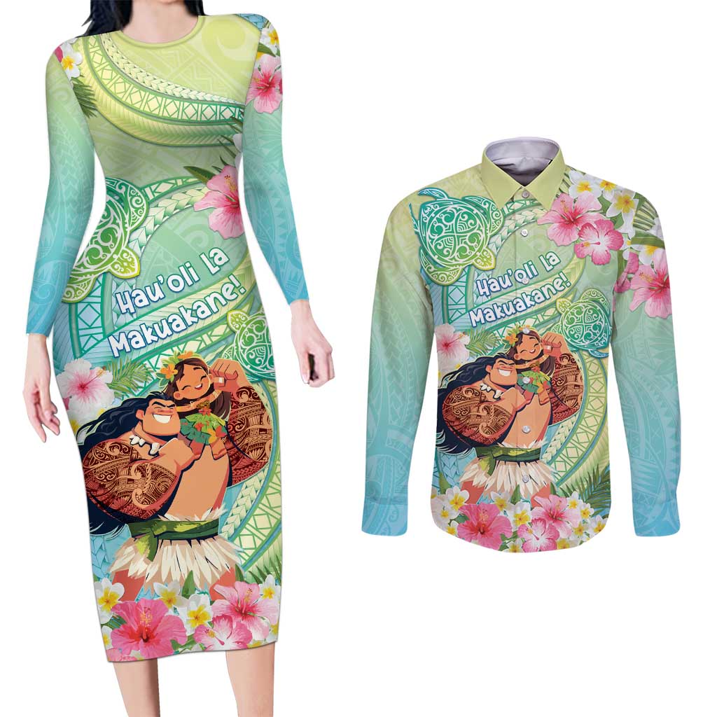 Personalised Hawaii Father's Day Couples Matching Long Sleeve Bodycon Dress and Long Sleeve Button Shirt Happy Father And Child DT04 Green - Polynesian Pride