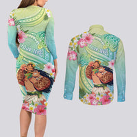 Personalised Hawaii Father's Day Couples Matching Long Sleeve Bodycon Dress and Long Sleeve Button Shirt Happy Father And Child DT04 - Polynesian Pride