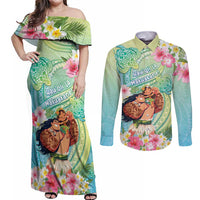 Personalised Hawaii Father's Day Couples Matching Off Shoulder Maxi Dress and Long Sleeve Button Shirt Happy Father And Child DT04 Green - Polynesian Pride