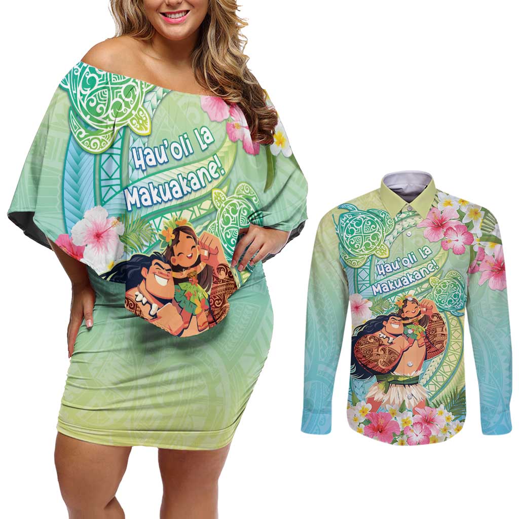 Personalised Hawaii Father's Day Couples Matching Off Shoulder Short Dress and Long Sleeve Button Shirt Happy Father And Child DT04 Green - Polynesian Pride