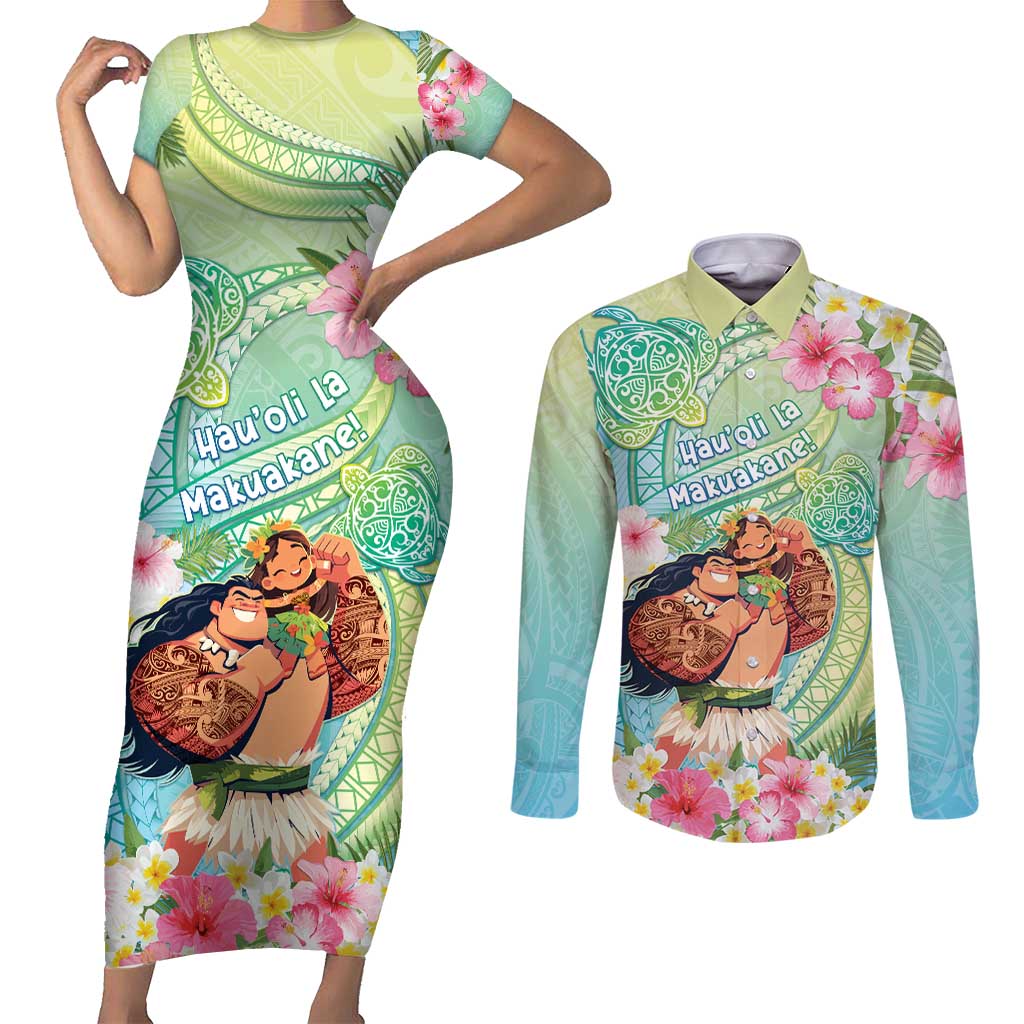 Personalised Hawaii Father's Day Couples Matching Short Sleeve Bodycon Dress and Long Sleeve Button Shirt Happy Father And Child DT04 Green - Polynesian Pride