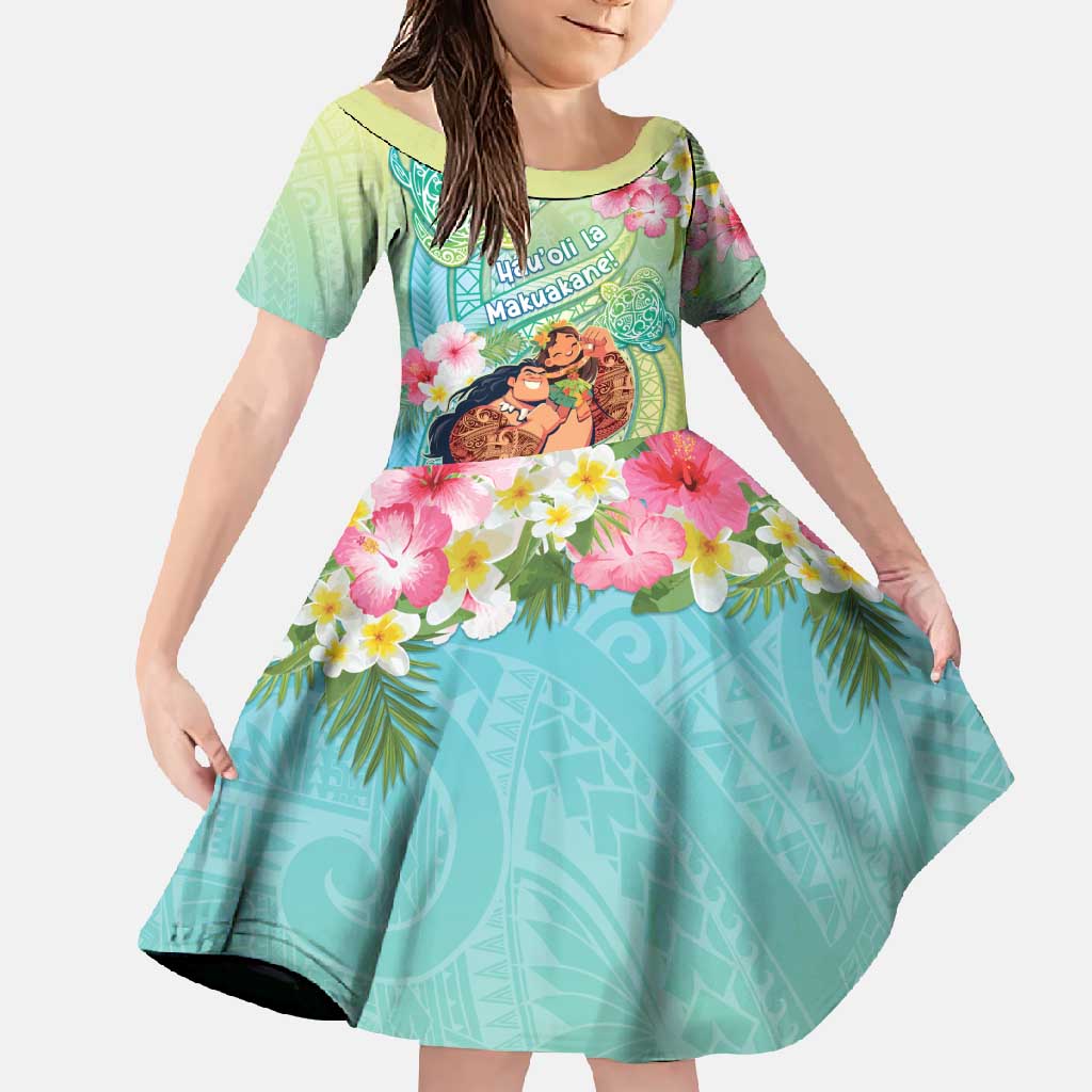 Personalised Hawaii Father's Day Family Matching Long Sleeve Bodycon Dress and Hawaiian Shirt Happy Father And Child DT04 Daughter's Dress Green - Polynesian Pride