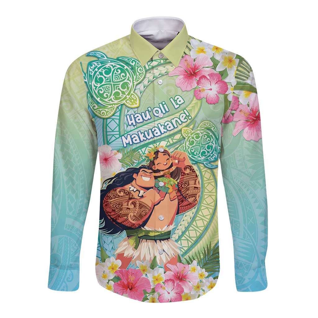 Personalised Hawaii Father's Day Long Sleeve Button Shirt Happy Father And Child DT04 Unisex Green - Polynesian Pride