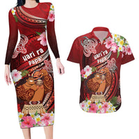 Personalised New Zealand Father's Day Couples Matching Long Sleeve Bodycon Dress and Hawaiian Shirt Happy Father And Child DT04 Red - Polynesian Pride
