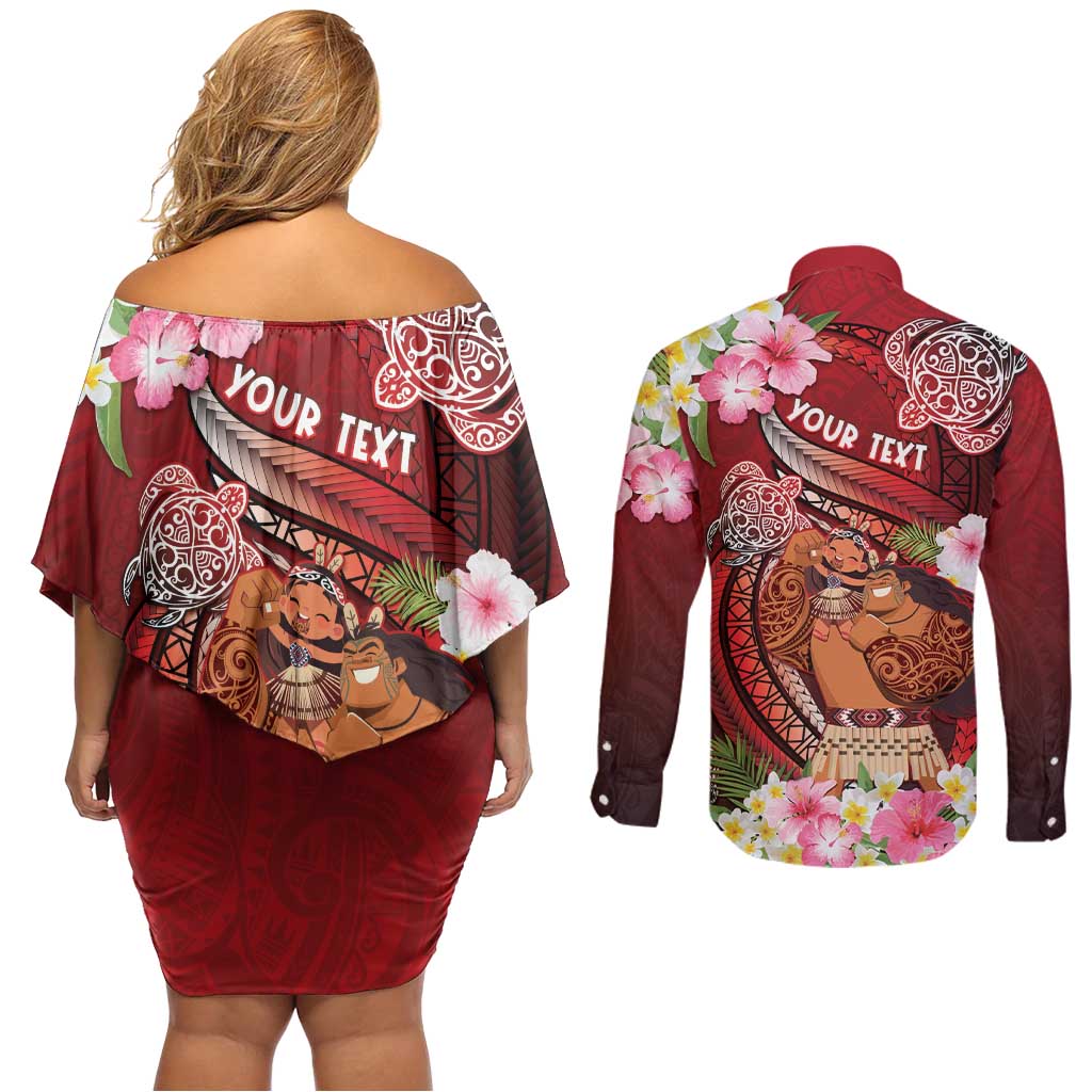 Personalised New Zealand Father's Day Couples Matching Off Shoulder Short Dress and Long Sleeve Button Shirt Happy Father And Child