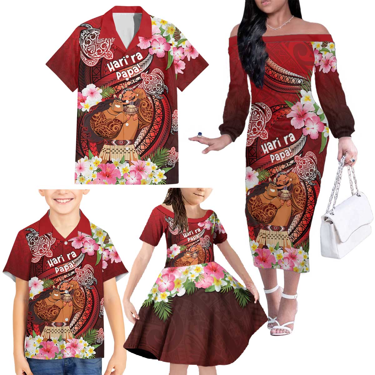 Personalised New Zealand Father's Day Family Matching Off The Shoulder Long Sleeve Dress and Hawaiian Shirt Happy Father And Child