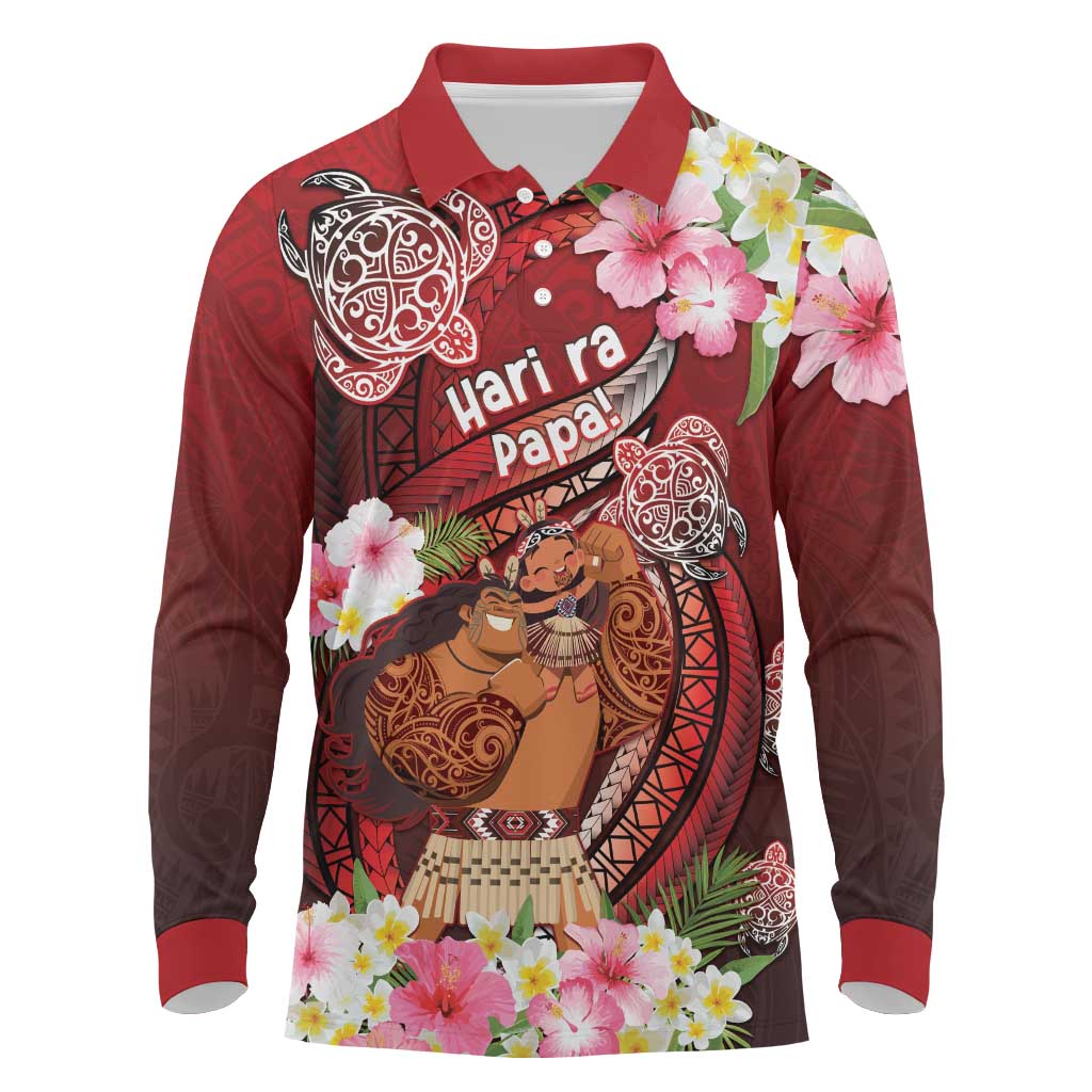 Personalised New Zealand Father's Day Long Sleeve Polo Shirt Happy Father And Child DT04 Red - Polynesian Pride